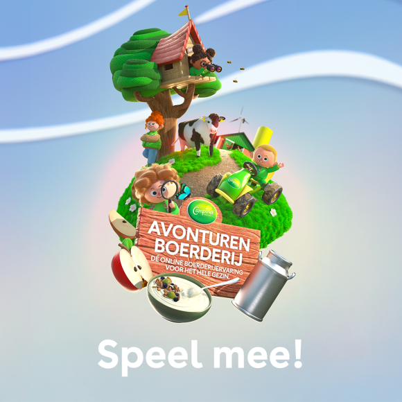 Animatie van kinderen rondom een boerderij met een boomhut, een koe en een boerderij in beeld.